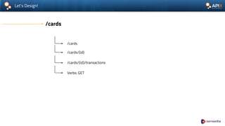 Let’s Design!
/cards
/cards
/cards/{id}
/cards/{id}/transactions
Verbs: GET
 
