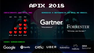 APIX 2018
CASES SENSACIONAIS
CRESCIMENTO ANO APÓS ANO
2015 2016 20182017
269 501 668 750
SENSEDIA A REFERÊNCIA EM APIS NO BRASIL
"Visionary"
"Strong performer"
 