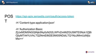 API Plataform!
POS
T
https://api-apix.sensedia.com/oauth/access-token
-H 'Content-type:application/json'
-H 'Authorization:Basic
ZjUxMDM5NGQtNjk5Ny0zN2I2LWFhZmMtZGU5MTE0Nzk1ZjBi
OjIyMTA4YzVhLTQ2NmEtM2E5Mi05NDdiLTQ1NzJlMmUzMjIz
Mw=='
 