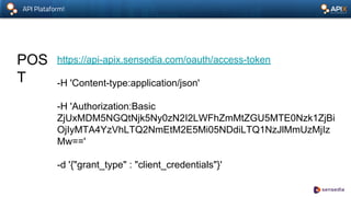 API Plataform!
POS
T
https://api-apix.sensedia.com/oauth/access-token
-H 'Content-type:application/json'
-H 'Authorization:Basic
ZjUxMDM5NGQtNjk5Ny0zN2I2LWFhZmMtZGU5MTE0Nzk1ZjBi
OjIyMTA4YzVhLTQ2NmEtM2E5Mi05NDdiLTQ1NzJlMmUzMjIz
Mw=='
-d '{"grant_type" : "client_credentials"}'
 
