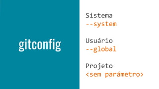 gitconfig
Sistema
--system
Usuário
--global
Projeto
<sem parámetro>
 