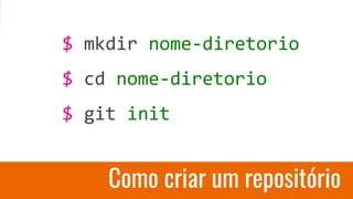 Como criar um repositório
$ mkdir nome-diretorio
$ cd nome-diretorio
$ git init
 