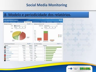 Social Media Monitoring
8- Modelo e periodicidade dos relatórios.
 
