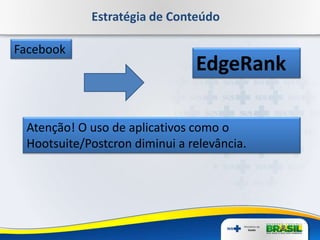 Estratégia de Conteúdo
Facebook
EdgeRank
Atenção! O uso de aplicativos como o
Hootsuite/Postcron diminui a relevância.
 