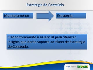 Estratégia de Conteúdo
Monitoramento
O Monitoramento é essencial para oferecer
insights que darão suporte ao Plano de Estratégia
de Conteúdo.
Estratégia
 
