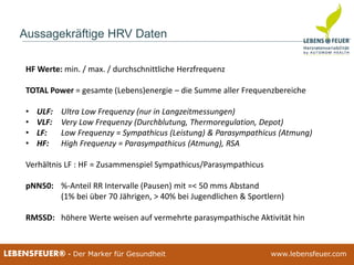 25.02.2015 1925.02.2015 19LEBENSFEUER® - Der Marker für Gesundheit www.lebensfeuer.com25.02.2015 19LEBENSFEUER® - Der Marker für Gesundheit www.lebensfeuer.com
Aussagekräftige HRV Daten
HF Werte: min. / max. / durchschnittliche Herzfrequenz
TOTAL Power = gesamte (Lebens)energie – die Summe aller Frequenzbereiche
• ULF: Ultra Low Frequenzy (nur in Langzeitmessungen)
• VLF: Very Low Frequenzy (Durchblutung, Thermoregulation, Depot)
• LF: Low Frequenzy = Sympathicus (Leistung) & Parasympathicus (Atmung)
• HF: High Frequenzy = Parasympathicus (Atmung), RSA
Verhältnis LF : HF = Zusammenspiel Sympathicus/Parasympathicus
pNN50: %-Anteil RR Intervalle (Pausen) mit =< 50 mms Abstand
(1% bei über 70 Jährigen, > 40% bei Jugendlichen & Sportlern)
RMSSD: höhere Werte weisen auf vermehrte parasympathische Aktivität hin
 
