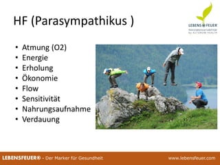 25.02.2015 2025.02.2015 20LEBENSFEUER® - Der Marker für Gesundheit www.lebensfeuer.com
HF (Parasympathikus )
• Atmung (O2)
• Energie
• Erholung
• Ökonomie
• Flow
• Sensitivität
• Nahrungsaufnahme
• Verdauung
 