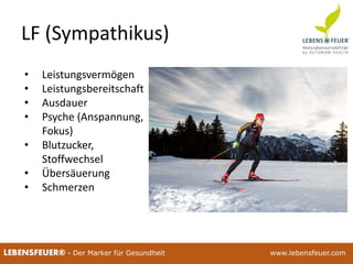 25.02.2015 2325.02.2015 23LEBENSFEUER® - Der Marker für Gesundheit www.lebensfeuer.com
LF (Sympathikus)
• Leistungsvermögen
• Leistungsbereitschaft
• Ausdauer
• Psyche (Anspannung,
Fokus)
• Blutzucker,
Stoffwechsel
• Übersäuerung
• Schmerzen
 