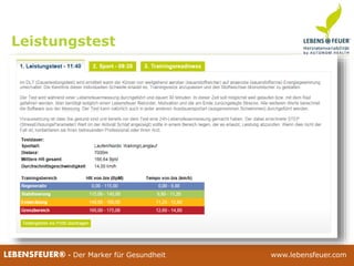 25.02.2015 5525.02.2015 55LEBENSFEUER® - Der Marker für Gesundheit www.lebensfeuer.com25.02.2015 55LEBENSFEUER® - Der Marker für Gesundheit www.lebensfeuer.com
 Ermittlung der Trainingsbereiche (HR & Pace)
 Regenerativ (RB)
 Stabilisierung (SB)
 Entwicklungsbereich (EB)
 Grenzbereich (FB)
 Durchführung in der Hauptsportart
 30 min. Dauer / max. Distanz
 Aktivität „Leistungstest“ / Eingabe Distanz & SA
 Übernahme TB in das Klienten Profil
 Überprüfung via NPB
Leistungstest
 