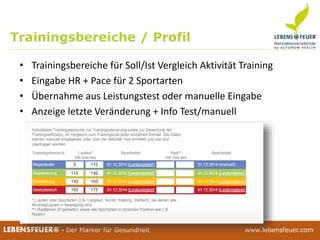 25.02.2015 5625.02.2015 56LEBENSFEUER® - Der Marker für Gesundheit www.lebensfeuer.com25.02.2015 56LEBENSFEUER® - Der Marker für Gesundheit www.lebensfeuer.com
Trainingsbereiche / Profil
• Trainingsbereiche für Soll/Ist Vergleich Aktivität Training
• Eingabe HR + Pace für 2 Sportarten
• Übernahme aus Leistungstest oder manuelle Eingabe
• Anzeige letzte Veränderung + Info Test/manuell
 