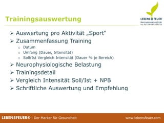 25.02.2015 5825.02.2015 58LEBENSFEUER® - Der Marker für Gesundheit www.lebensfeuer.com25.02.2015 58LEBENSFEUER® - Der Marker für Gesundheit www.lebensfeuer.com
 Auswertung pro Aktivität „Sport“
 Zusammenfassung Training
o Datum
o Umfang (Dauer, Intensität)
o Soll/Ist Vergleich Intensität (Dauer % je Bereich)
 Neurophysiologische Belastung
 Trainingsdetail
 Vergleich Intensität Soll/Ist + NPB
 Schriftliche Auswertung und Empfehlung
Trainingsauswertung
 