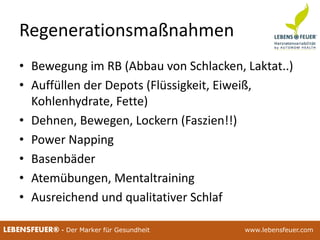 25.02.2015 8025.02.2015 80LEBENSFEUER® - Der Marker für Gesundheit www.lebensfeuer.com25.02.2015 80LEBENSFEUER® - Der Marker für Gesundheit www.lebensfeuer.com
Regenerationsmaßnahmen
• Bewegung im RB (Abbau von Schlacken, Laktat..)
• Auffüllen der Depots (Flüssigkeit, Eiweiß,
Kohlenhydrate, Fette)
• Dehnen, Bewegen, Lockern (Faszien!!)
• Power Napping
• Basenbäder
• Atemübungen, Mentaltraining
• Ausreichend und qualitativer Schlaf
 