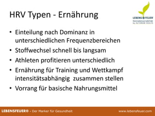 25.02.2015 8725.02.2015 87LEBENSFEUER® - Der Marker für Gesundheit www.lebensfeuer.com25.02.2015 87LEBENSFEUER® - Der Marker für Gesundheit www.lebensfeuer.com
HRV Typen - Ernährung
• Einteilung nach Dominanz in
unterschiedlichen Frequenzbereichen
• Stoffwechsel schnell bis langsam
• Athleten profitieren unterschiedlich
• Ernährung für Training und Wettkampf
intensitätsabhängig zusammen stellen
• Vorrang für basische Nahrungsmittel
 