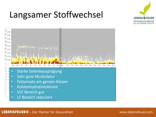 25.02.2015 9025.02.2015 90LEBENSFEUER® - Der Marker für Gesundheit www.lebensfeuer.com25.02.2015 90LEBENSFEUER® - Der Marker für Gesundheit www.lebensfeuer.com
Langsamer Stoffwechsel
• Starke Gelenkausprägung
• Sehr gute Muskulatur
• Fettansatz am ganzen Körper
• Kohlenhydratintolerant
• VLF Bereich gut
• LF Bereich reduziert
 
