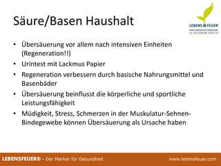 25.02.2015 9325.02.2015 93LEBENSFEUER® - Der Marker für Gesundheit www.lebensfeuer.com25.02.2015 93LEBENSFEUER® - Der Marker für Gesundheit www.lebensfeuer.com
Säure/Basen Haushalt
• Übersäuerung vor allem nach intensiven Einheiten
(Regeneration!!)
• Urintest mit Lackmus Papier
• Regeneration verbessern durch basische Nahrungsmittel und
Basenbäder
• Übersäuerung beinflusst die körperliche und sportliche
Leistungsfähigkeit
• Müdigkeit, Stress, Schmerzen in der Muskulatur-Sehnen-
Bindegewebe können Übersäuerung als Ursache haben
 