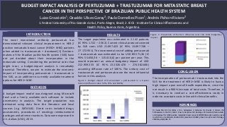 BUDGET IMPACT ANALYSIS OF PERTUZUMAB + TRASTUZUMAB FOR METASTATIC BREAST
CANCER IN THE PERSPECTIVE OF BRAZILIAN PUBLIC HEALTH SYSTEM
Luiza Grazziotin¹; Osvaldo Ulises Garay²; Paulo Dornelles Picon¹; Andrés Pichon-Riviere²
1. Federal University of Rio Grande do Sul, Porto Alegre, Brazil; 2. IECS - Institute for Clinical Effectiveness and
Health Policy, Buenos Aires, Argentina.
INTRODUCTION
The novel monoclonal antibody pertuzumab has
demonstrated relevant clinical improvement in HER-2
positive metastatic breast cancer (HER2+ MBC) patients
when added to trastuzumab + docetaxel.[1] Decision-
makers of the Brazilian public health system (SUS) have
not yet decided about their incorporation in the
metastatic setting. Considering the potential costs that
might incur, a budget-impact analysis is remarkably
essential. Therefore, we aim to estimate the economic
impact of incorporating pertuzumab + trastuzumab in
the SUS, as an addition to currently available treatment
options for HER2+ MBC.
CONCLUSION
METHODS
A budget-impact model was designed using Microsoft
Excel and a freely available web software to include
uncertainty in analysis. The target population was
estimated using data from the literature and local
sources (e.g. DATASUS). Direct costs included drugs,
assessments, procedures of oncology reimbursement
packages and adverse reactions. Data were expressed in
U.S. dollars (USD), 2013.
The incorporation of pertuzumab + trastuzumab into the
SUS for the treatment of HER2+ MBC is likely to have a
high impact upon overall health expenditure, since the
net result is a 900% increase of total costs. Therefore, it
is necessary to conduct a cost-effectiveness study in
order to associate costs in line with clinical benefits.
REFERENCES
[1] Swain SM, Kim SB, Cortés J, Ro J, Semiglazov V, Campone M, Ciruelos E, Ferrero JM,
Schneeweiss A, Knott A, Clark E, Ross G, Benyunes MC, Baselga J. Pertuzumab, trastuzumab,
and docetaxel for HER2-positive metastatic breast cancer (CLEOPATRA study): overall survival
results from a randomised, double-blind, placebo-controlled, phase 3 study. Lancet Oncology.
2013 May;14(6):461-71.
RESULTS
The target population was estimated in 2.142 patients
(IC 95% 1.722 – 2.562). Current clinical protocol covered
by SUS costs USD 21.097.423 (IC 95% 13.097.748 –
27.172.931). The incremental cost of adding pertuzumab
+ trastuzumab was estimated to be USD 89.571,36 (IC
95% 55.650,36 – 115.410,6) per patient per year. This
would represent an annual budgetary impact of USD
212.959.333 (IC 95% 132.326.470 – 274.382.606)
assuming diffusion rate of 100%. The unitary cost of
trastuzumab and pertuzumab were the most influential
factors in this analysis.
Figure 2. Proportion of factor`s influence over the total budgetary
impact.
Figure 1. Budget impact of trastuzumab + pertuzumab in a 3-years
horizon (diffusion rates: 50%, 75% and 100%).
 
