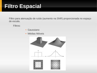 Filtro Espacial

 Filtro para atenuação de ruído (aumento na SNR) proporcionada no espaço
 de escala.
    Filtros:
                  Gaussiano
                  Médias Móveis
 