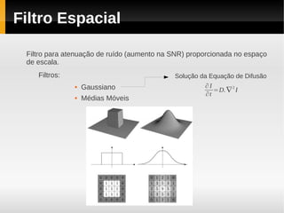 Filtro Espacial

 Filtro para atenuação de ruído (aumento na SNR) proporcionada no espaço
 de escala.
    Filtros:                                Solução da Equação de Difusão
                   Gaussiano                         ∂I
                                                        =D. ∇ 2 I
               

                                                     ∂t
                  Médias Móveis
 