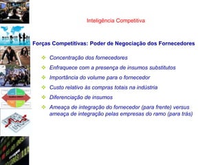 Inteligência Competitiva



Forças Competitivas: Poder de Negociação dos Fornecedores

    Concentração dos fornecedores
    Enfraquece com a presença de insumos substitutos
    Importância do volume para o fornecedor
    Custo relativo às compras totais na indústria
    Diferenciação de insumos
    Ameaça de integração do fornecedor (para frente) versus
     ameaça de integração pelas empresas do ramo (para trás)
 