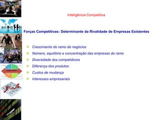 Inteligência Competitiva



Forças Competitivas: Determinante da Rivalidade de Empresas Existentes



  Crescimento do ramo de negócios
  Número, equilíbrio e concentração das empresas do ramo
  Diversidade dos competidores
  Diferença dos produtos
  Custos de mudança
  Interesses empresariais
 