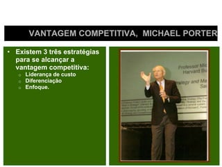 VANTAGEM COMPETITIVA, MICHAEL PORTER

• Existem 3 três estratégias
  para se alcançar a
  vantagem competitiva:
   o   Liderança de custo
   o   Diferenciação
   o   Enfoque.
 