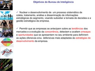 Objetivos do Bureau de Inteligência



 Nuclear o desenvolvimento de um processo sistemático de
coleta, tratamento, análise e disseminação de informações
estratégicas do segmento, visando subsidiar a tomada de decisões e a
gestão estratégica da empresa.


 Permitir que as empresas se antecipem sobre as tendências dos
mercados e a evolução da concorrência, detectem e avaliem ameaças
e oportunidades que se apresentem no seu ambiente para definirem
as ações ofensivas e/ou defensivas mais adaptadas às estratégias de
desenvolvimento da empresa.
 