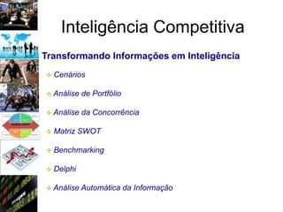 Inteligência Competitiva
Transformando Informações em Inteligência
   Cenários

   Análise de Portfólio

   Análise da Concorrência

   Matriz SWOT

   Benchmarking

   Delphi

   Análise Automática da Informação
 