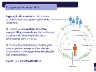 Por que mudou o mundo?


A geração de conteúdo não é mais
exclusividade das organizações e da
imprensa.

O usuário-mídia analisa, interfere,
compartilha, comenta e cria conteúdos
expressando suas experiências e
sentimentos com a marca.

O mundo da comunicação mudou, pois
essas opiniões e expressões afetam
diretamente na imagem e na reputação
das organizações.

A palavra é ENGAJAMENTO!
 