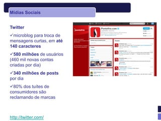 Mídias Sociais


Twitter
microblog para troca de
mensagens curtas, em até
140 caracteres
580 milhões de usuários
(460 mil novas contas
criadas por dia)
340 milhões de posts
por dia
80% dos tuítes de
consumidores são
reclamando de marcas



http://twitter.com/
 