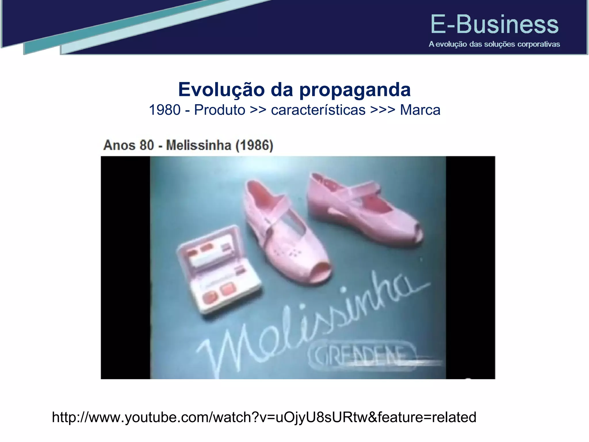 Evolução da propaganda 1980 - Produto >> características >>> Marca http://www.youtube.com/watch?v=uOjyU8sURtw&feature=related 