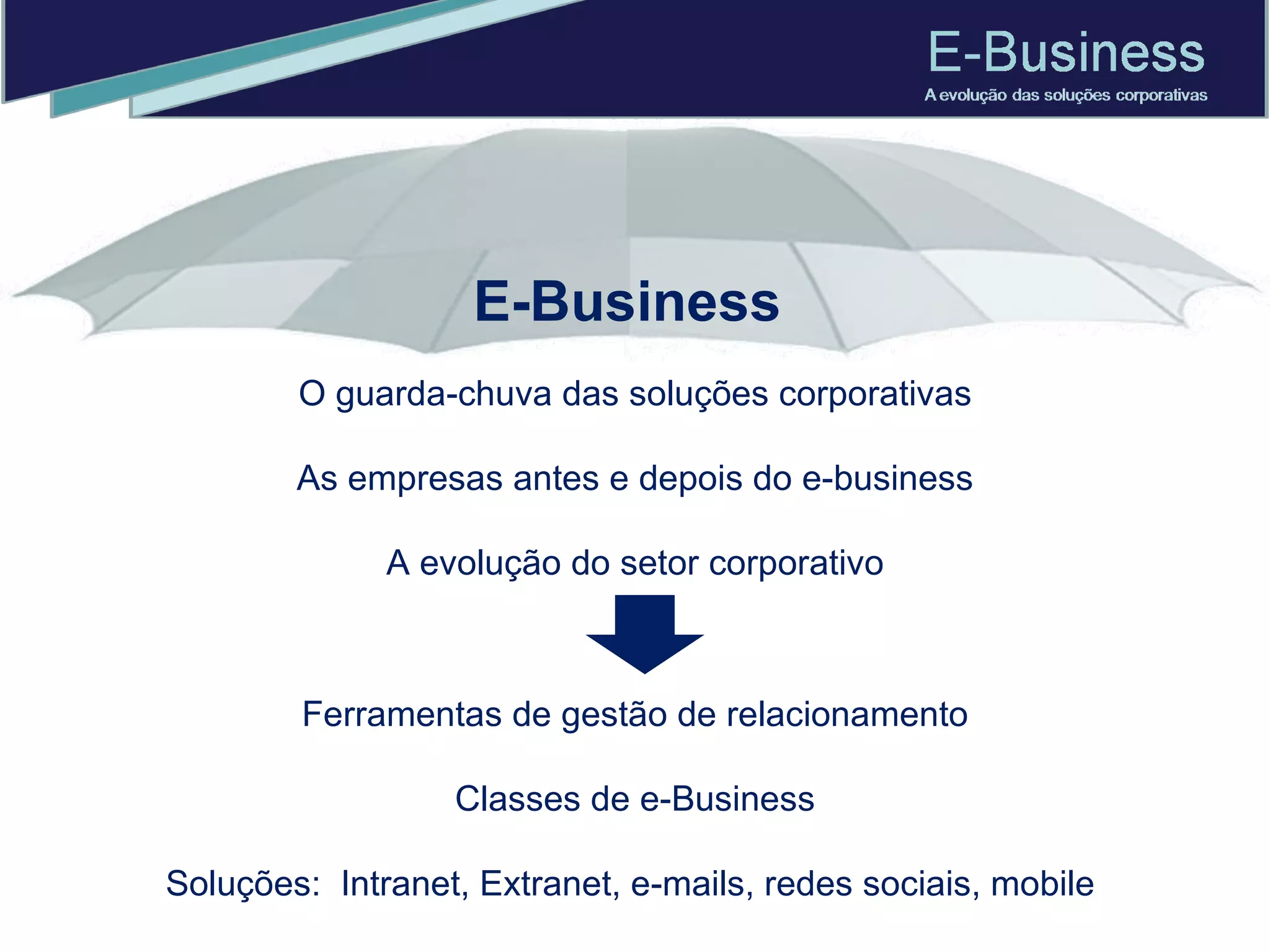 Ferramentas de gestão de relacionamento Classes de e-Business Soluções:  Intranet, Extranet, e-mails, redes sociais, mobile  E-Business   O guarda-chuva das soluções corporativas As empresas antes e depois do e-business A evolução do setor corporativo 