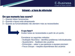 Intranet – a hora de reformular Em que momento isso ocorre? 1 – Quando faltam ferramentas 2 – Quando o layout está ultrapassado 3 – Quando as funcionalidades não atendem mais as necessidades O que fazer? Avaliar todas as necessidades e partir de um ponto.  Considerar os seguintes métodos: - Avaliação Heurística - identifica problemas individualizados - Questionário -  feedback dos usuários - Entrevistas – saber o que gestores e equipes precisam - Focus Groups – reações espontâneas dos usuários 