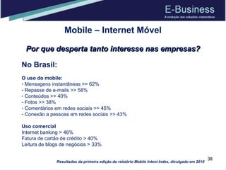 Mobile – Internet Móvel Por que desperta tanto interesse nas empresas? No Brasil: O uso do mobile: Mensagens instantâneas >> 62% Repasse de e-mails >> 58% Conteúdos >> 40%  Fotos >> 38%  Comentários em redes sociais >> 45%  Conexão a pessoas em redes sociais >> 43% Uso comercial Internet banking > 46% Fatura de cartão de crédito > 40% Leitura de blogs de negócios > 33% Resultados da primeira edição do relatório Mobile Intent Index, divulgado em 2010 