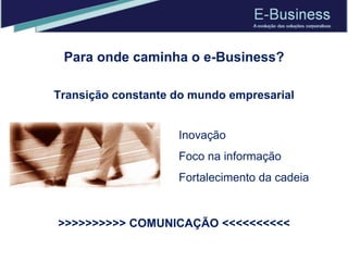 Para onde caminha o e-Business? Transição constante do mundo empresarial Inovação Foco na informação Fortalecimento da cadeia >>>>>>>>>> COMUNICAÇÃO <<<<<<<<<< 