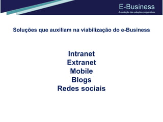 Intranet Extranet Mobile Blogs Redes sociais Soluções que auxiliam na viabilização do e-Business 