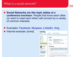 What is a social network? Social Networks are like topic tables at a conference luncheon . People that know each other (or want to meet each other) will connect by a variety of common interests.  Examples:  Facebook ,  Myspace ,  LinkedIn ,  Xing Internal example: [none] 