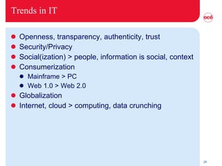 Trends in IT Openness, transparency, authenticity, trust Security/Privacy Social(ization) > people, information is social, context Consumerization Mainframe > PC Web 1.0 > Web 2.0  Globalization Internet, cloud > computing, data crunching 