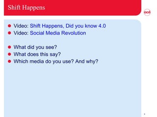 Shift Happens Video:  Shift Happens, Did you know 4.0 Video:  Social Media Revolution What did you see? What does this say? Which media do you use? And why? 
