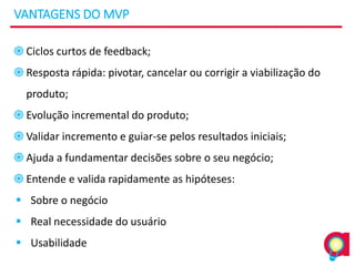 VANTAGENS DO MVP
֎Ciclos curtos de feedback;
֎Resposta rápida: pivotar, cancelar ou corrigir a viabilização do
produto;
֎Evolução incremental do produto;
֎Validar incremento e guiar-se pelos resultados iniciais;
֎Ajuda a fundamentar decisões sobre o seu negócio;
֎Entende e valida rapidamente as hipóteses:
▪ Sobre o negócio
▪ Real necessidade do usuário
▪ Usabilidade
 