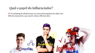 Qual o papel do Influenciador?
>> O marketing de Influência teve um crescimento explosivo em 2016, com
86% dos empresários que usaram a tática, 94% teve êxito.
 