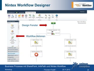 Nintex Workflow Designer




                 Design Fenster



                     Workflow Aktionen




Business Prozesse mit SharePoint, InfoPath und Nintex Workflow
Workshop                              - Thorsten Firzlaff -   20.11.2012   25
 