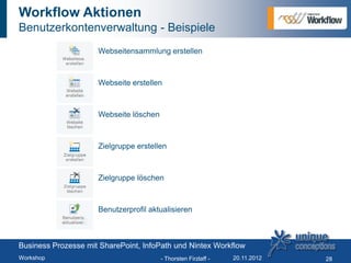 Workflow Aktionen
Benutzerkontenverwaltung - Beispiele
                     Webseitensammlung erstellen



                     Webseite erstellen



                     Webseite löschen



                     Zielgruppe erstellen



                     Zielgruppe löschen



                     Benutzerprofil aktualisieren



Business Prozesse mit SharePoint, InfoPath und Nintex Workflow
Workshop                                 - Thorsten Firzlaff -   20.11.2012   28
 