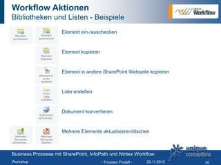 Workflow Aktionen
Bibliotheken und Listen - Beispiele
                     Element ein-/auschecken



                     Element kopieren



                     Element in andere SharePoint Webseite kopieren



                     Liste erstellen



                     Dokument konvertieren



                     Mehrere Elemente aktualisieren/löschen



Business Prozesse mit SharePoint, InfoPath und Nintex Workflow
Workshop                                 - Thorsten Firzlaff -   20.11.2012   30
 
