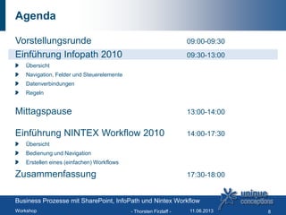Agenda
Vorstellungsrunde 09:00-09:30
Einführung Infopath 2010 09:30-13:00
Übersicht
Navigation, Felder und Steuerelemente
Datenverbindungen
Regeln
Mittagspause 13:00-14:00
Einführung NINTEX Workflow 2010 14:00-17:30
Übersicht
Bedienung und Navigation
Erstellen eines (einfachen) Workflows
Zusammenfassung 17:30-18:00
Business Prozesse mit SharePoint, InfoPath und Nintex Workflow
Workshop - Thorsten Firzlaff - 811.06.2013
 