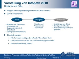 Vorstellung von Infopath 2010
Designer und Filler
- Thorsten Firzlaff - 9
Infopath ist ein eigenständiges Microsoft Office Produkt
Zwei Komponenten:
Einschränkungen:
• Filler Formulare benötigen den Infopath Filler auf dem Client
• Formulare können nur über den Client erstellt/angepasst werden
• Keine Webbearbeitung möglich
DesignerFiller
Erstellen und
Anpassen von
Formularen
+ Ausfüllen von Formularen
+ Unabhängig von
Zugangsgrenzen (z.B.
SharePoint)
+ Geringere Serverbelastung
Webformular
+ Unabhängig vom Client
+ Benötigt kein Infopath
Wird vollständig vom Server
gerendert
Business Prozesse mit SharePoint, InfoPath und Nintex Workflow
Workshop 11.06.2013
 