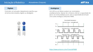 Actuadores (Outputs)
Digitais Analógicos
Iniciação à Robótica
https://www.arduino.cc/en/Tutorial/PWM
Controlar um actuador digitalmente significa que
só temos dois estados, ligado ou desligado.
Um LED ou um Motor podem ser controlados
analógicamente. Apesar de o Arduino não ter a capacidade de
gerar um sinal analógico puro, tem a capacidade de emular
uma saída analógica utilizando PWM.
 