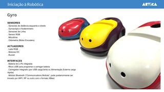 Gyro
SENSORES
. Sensores de distância esquerdo e direito
. Gyroscópio e Acelerómetro
. Sensores de Linha
. Sensor RGB
. Microfone
. Odometria (Motor Encoders)
ACTUADORES
. Leds RGB
. Motores DC
. Buzzer
INTERFACES
. Bateria de Li-Po integrada
. Micro USB para programar e carregar bateria
. Carregador integrado (por USB carga lenta ou Alimentação Externa carga
rápida)
. Módulo Bluetooth (“Communications Module”, pode posteriormente ser
trocado por WIFI, RF ou outro com o formato XBee)
Iniciação à Robótica
 