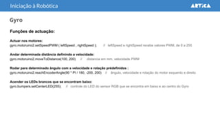 Gyro
Funções de actuação:
Actuar nos motores:
gyro.motoruino2.setSpeedPWM ( leftSpeed , rightSpeed ); // leftSpeed e rightSpeed recebe valores PWM, de 0 a 255
Andar determinada distância definindo a velocidade:
gyro.motoruino2.moveToDistance(100, 200) // distancia em mm, velocidade PWM
Rodar para determinado ângulo com a velocidade e rotação prédefinidos :
gyro.motoruino2.reachEncoderAngle(90 * PI / 180, -200, 200) // ângulo, velocidade e rotação do motor esquerdo e direito
Acender os LEDs brancos que se encontram baixo:
gyro.bumpers.setCenterLED(255); // controle do LED do sensor RGB que se encontra em baixo e ao centro do Gyro
Iniciação à Robótica
 