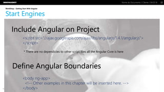 Nome do Documento / Cliente / 04.03.16 / 2222Nome do Documento / Cliente / 04.03.16
Este documento é propriedade intelectual de Innovagency, não podendo ser alterado ou usado para outro fim, a não ser o previamente acordado, sem autorização da mesma.
WorkShop – Getting Start With Angular
Start Engines
<script src="//ajax.googleapis.com/ajax/libs/angularjs/1.4.1/angular.js">
</script>
<body ng-app>
<!-- Other examples in this chapter will be inserted here. -->
</body>
Include Angular on Project
Define Angular Boundaries
* There are no dependicies to other script files all the Angular Core is here
 