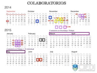 2014
2015
6, 7th
8th, 9th 8th, 9th
9th 6th
8th
8th
9th
6th
7th
7th 9th
4 sessions on thursdays / fridays
2 sessions on fridays + 1h individual
8, 9th
COLABORATORIOS
6, 7th
 